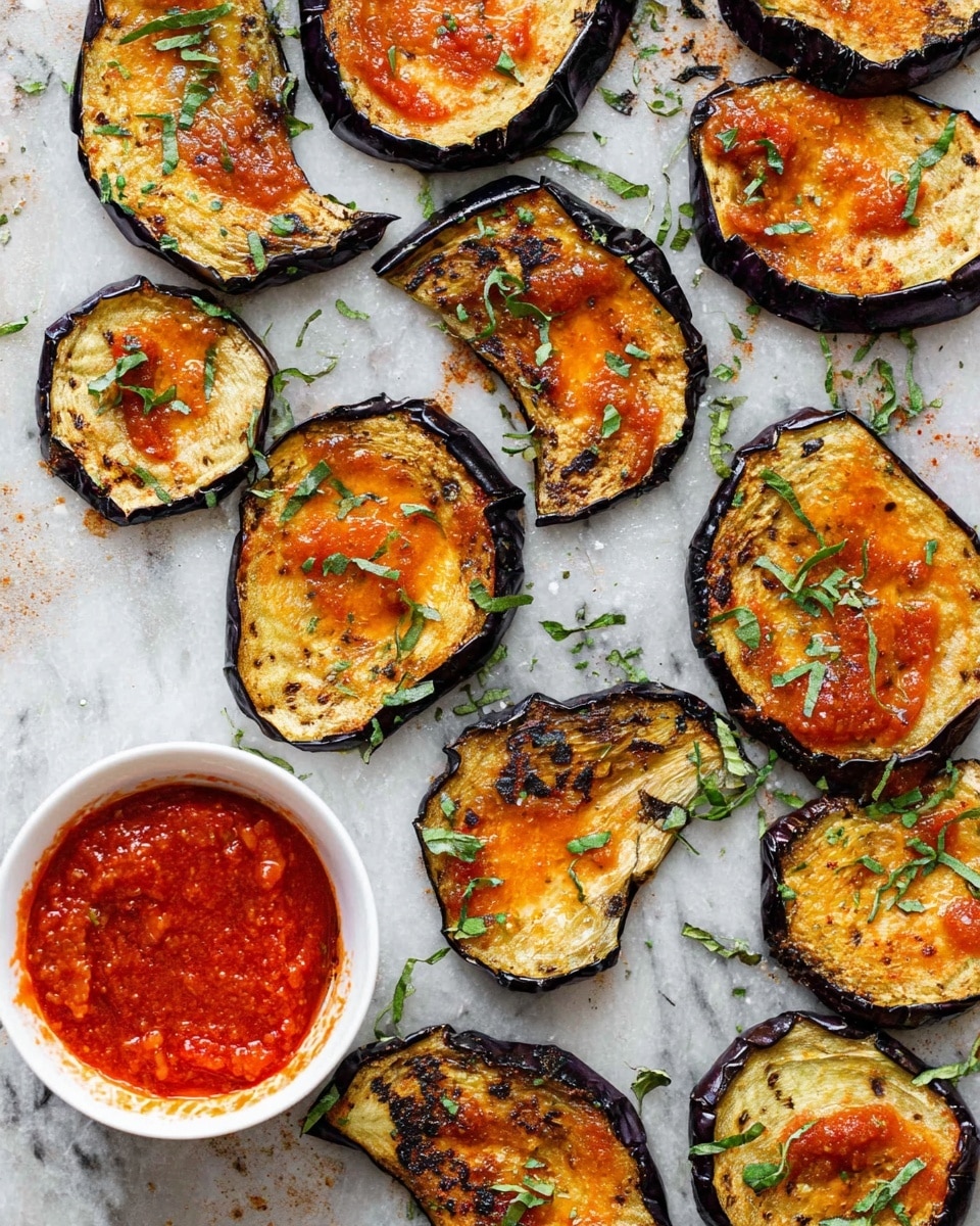 Several slices of roasted eggplant lie scattered on a white marbled surface. Each slice has dark purple skin on the edges and a golden-brown inside with some orange sauce spread on top. Small green herb pieces are sprinkled over the slices. Near the center right, there is a small white bowl filled with red chunky tomato sauce, garnished with tiny green herbs. The eggplants and bowl are arranged in a casual pattern, giving a fresh and rustic look. photo taken with an iphone --ar 4:5 --v 7