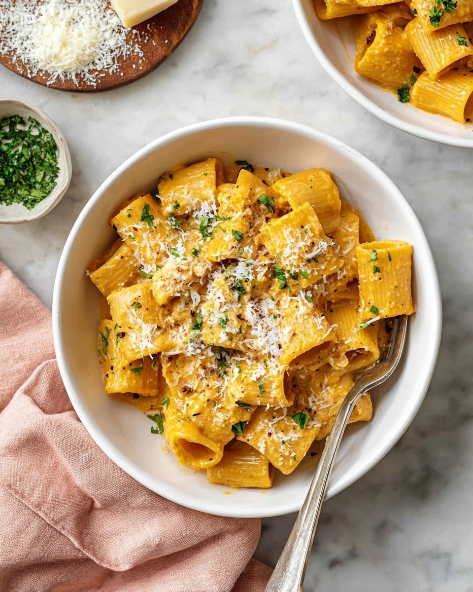 A white bowl filled with rigatoni pasta covered in creamy, orange-yellow sauce, sprinkled with finely grated white cheese and small pieces of green herbs on top. A silver fork is placed inside the bowl on the right side. The bowl sits on a white marbled surface next to a light pink cloth. Nearby, there is a small dish with green chopped herbs and a wooden board with more grated white cheese. A second white bowl with the same pasta is partially visible at the top right. photo taken with an iphone --ar 4:5 --v 7