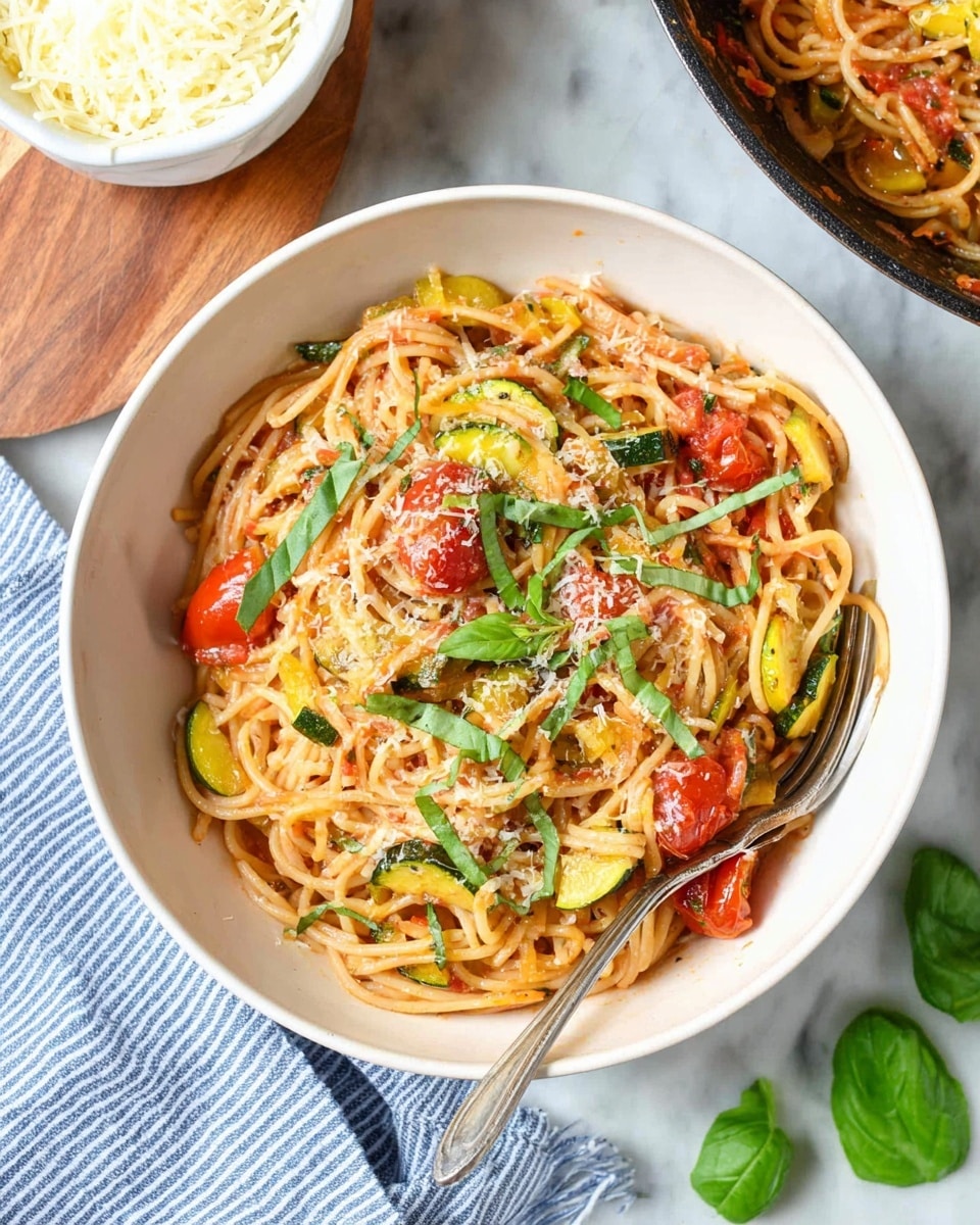 A white bowl filled with spaghetti mixed with pieces of yellow and green zucchini and red cherry tomatoes, all coated in a light red sauce. The pasta is garnished with thin green basil strips and sprinkled with grated white cheese. A silver fork rests on the right side inside the bowl. The bowl is set on a white marbled surface with a blue and white striped cloth partially visible at the bottom left. Nearby, there is a white bowl with shredded cheese on a wooden board with some chopped basil on it and part of a black pan with more spaghetti visible on the top right. A few green basil leaves lie to the bottom right. photo taken with an iphone --ar 4:5 --v 7
