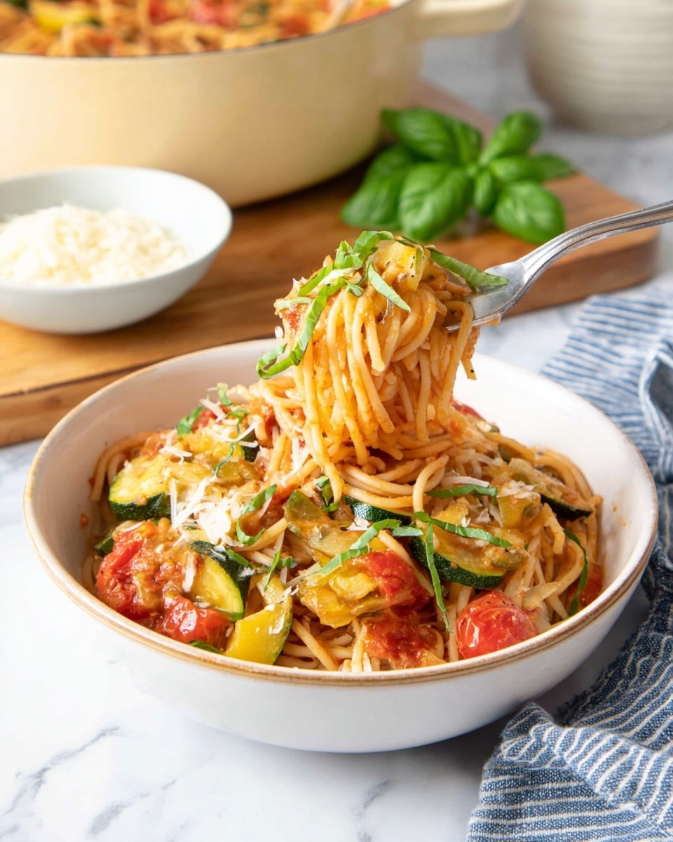 A white bowl filled with spaghetti mixed with chunky pieces of green zucchini, yellow squash, and red tomatoes, all coated in a light red sauce. The top layer is sprinkled with thin green strips of fresh basil and small white shavings of cheese. A silver fork lifts a bite of pasta showing zucchini slice, tomato chunk and strands of noodles wrapped around it. In the background, a white bowl of grated cheese sits on a wooden board with green basil leaves beside it, and part of a large cooking pot of pasta can be seen. The scene is set on a white marbled surface with a blue and white striped cloth nearby. Photo taken with an iphone --ar 4:5 --v 7