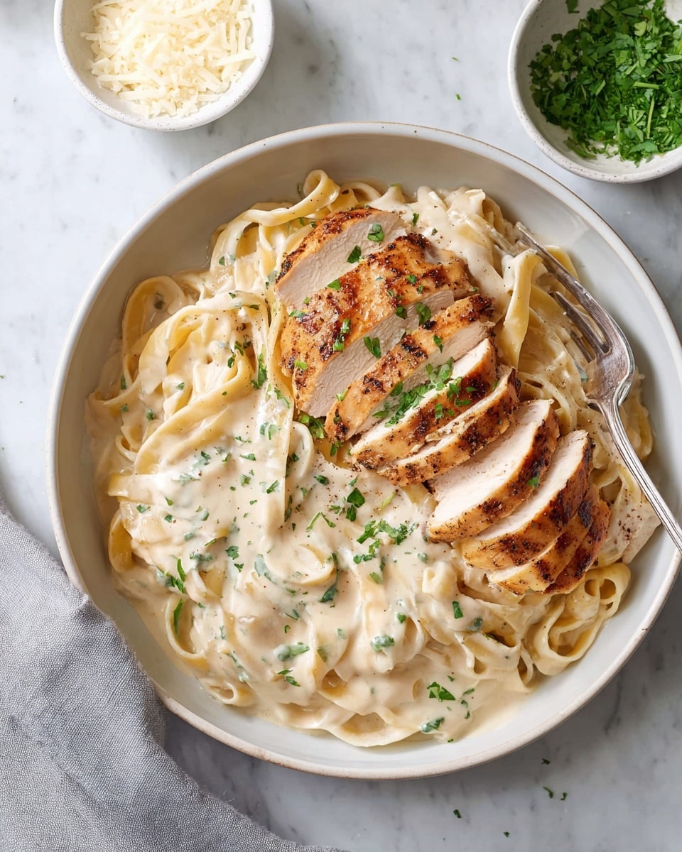 A white pan filled with a creamy fettuccine pasta, the wide noodles covered in a smooth, light beige sauce. On top, two pieces of golden-brown cooked chicken sit side by side, garnished with small green herbs. The chicken's surface looks slightly crispy with a few darker brown spots, contrasting the creamy pasta below. A white marbled surface is partly visible around the pan edges, with wooden utensils on the side. Photo taken with an iphone --ar 4:5 --v 7