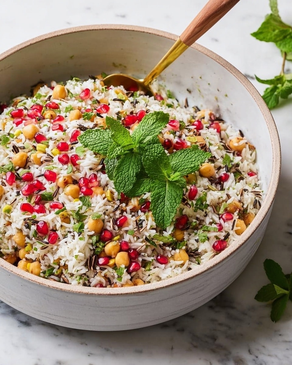 A large white ceramic bowl filled with a colorful rice salad is shown. The salad has layers of fluffy white rice mixed with bright red pomegranate seeds, golden chickpeas, wild rice grains, and finely chopped green herbs scattered throughout. Fresh green mint leaves are placed prominently on top, adding a pop of color and texture. A wooden spoon with a golden handle is positioned inside the bowl, stirring the mixture. The bowl sits on a white marbled surface with some mint leaves placed nearby. Photo taken with an iphone --ar 4:5 --v 7