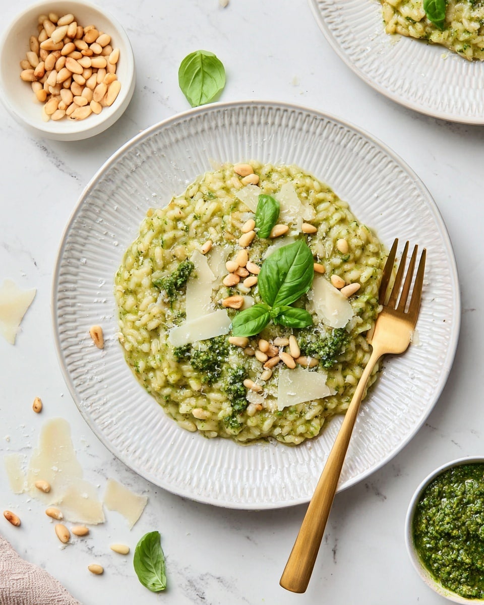 A white plate with a detailed pattern holds a creamy green risotto topped with light green basil leaves, scattered golden pine nuts, and thin pale yellow cheese slices. The risotto is thick with visible grains of rice, and the green sauce gives it a smooth texture. A shiny gold fork rests on the right side of the plate, with its handle stretching out toward the bottom of the image. Around the plate, there are loose pine nuts, cheese shavings, and a few small basil leaves scattered on a white marbled surface. Near the top left, there is a small white bowl full of pine nuts, and near the bottom right corner, there is a small white bowl filled with green pesto sauce. Photo taken with an iphone --ar 4:5 --v 7