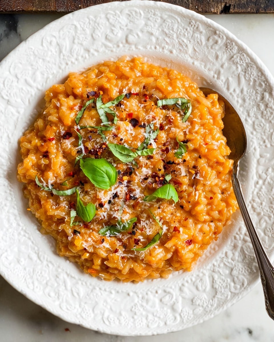 A white plate with a textured floral edge holds a creamy orange risotto spread evenly across the plate, showing a thick and slightly chunky texture, with visible grains of rice. On top of the risotto, there are fresh bright green basil leaves scattered around, and a sprinkling of finely grated white cheese covers the surface lightly. Some small black pepper flakes and red chili flakes are visible, adding specks of color. To the right edge of the plate, a silver spoon rests partially in the risotto. The plate sits on a white marbled surface. photo taken with an iphone --ar 4:5 --v 7