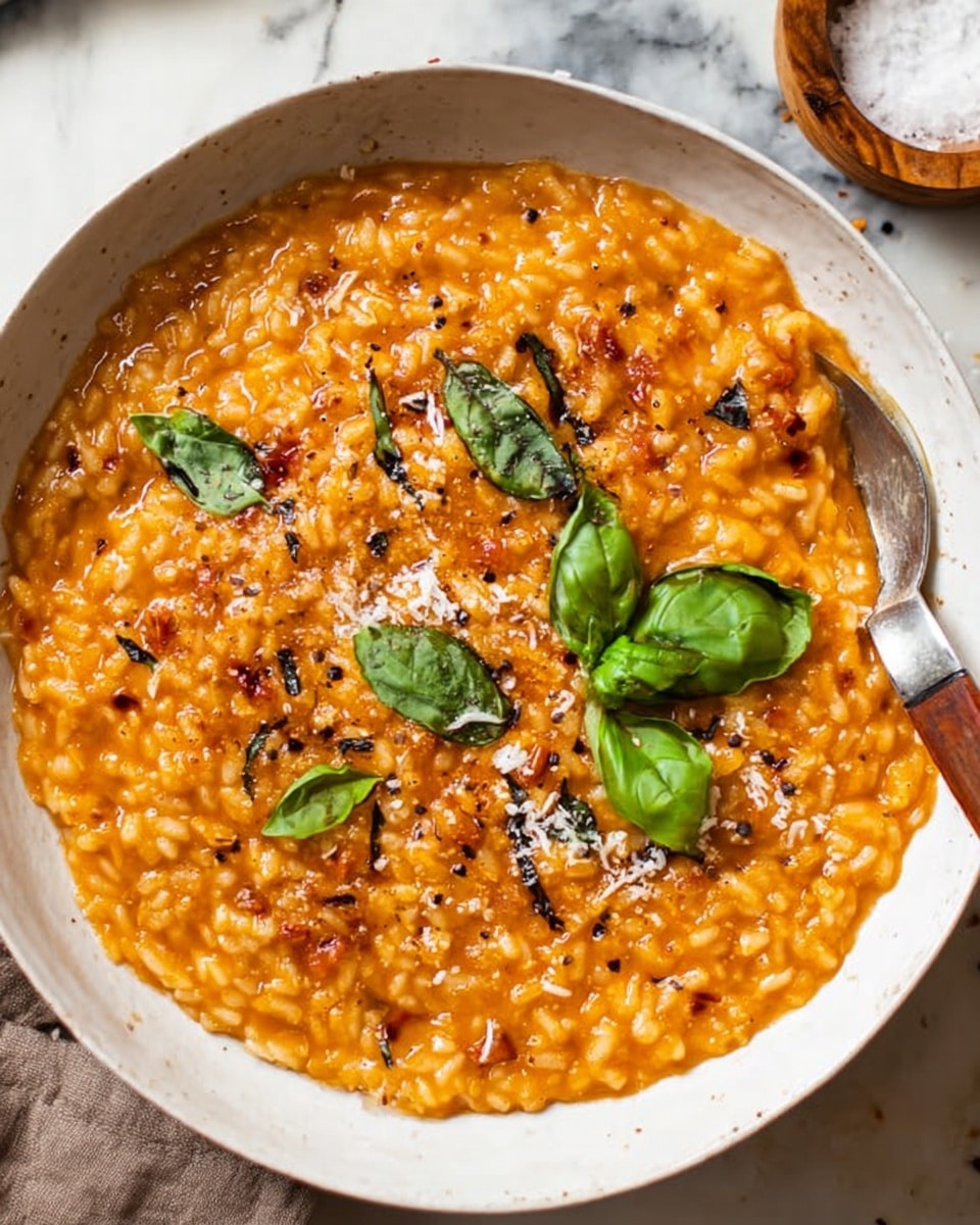 A white bowl filled with thick orange risotto mixed with tiny grains and bits, giving it a creamy, slightly chunky texture. On top, several bright green basil leaves are scattered, adding fresh color. Small sprinkles of white grated cheese and some black pepper flakes are spread over the dish. A spoon with a wooden handle rests inside the bowl on the right side. The bowl is placed on a white marbled surface with a small wooden bowl of coarse white salt partly visible on the upper right side. photo taken with an iphone --ar 4:5 --v 7