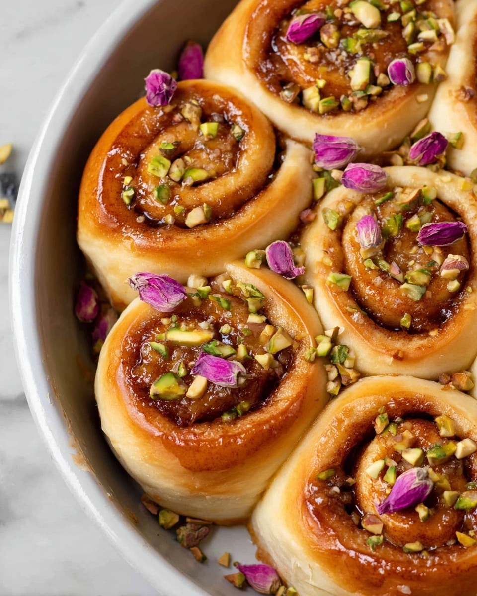 A close-up view of soft golden-brown cinnamon rolls arranged closely together in a round white pan. Each roll has visible layers: a light, fluffy dough base, a darker cinnamon swirl in the middle, and a shiny glaze on top. The rolls are sprinkled with chopped nuts and small green pistachio pieces, with some vibrant purple flower petals scattered over and around them. The pan is placed on a white marbled surface, adding a clean background contrast. Photo taken with an iphone --ar 4:5 --v 7