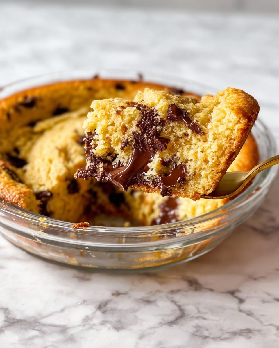 A close-up shows a warm, fluffy yellow cake with dark melted chocolate spots inside a clear glass pie dish on a white marbled surface. A gold fork lifts a piece of the cake, revealing its soft, crumbly texture with chocolate chunks spread throughout. The cake is thick and round, with a slightly sunken center where the cake was taken from, and the chocolate melts look glossy and rich. The background is bright with soft light, highlighting the cake’s warm colors and moist look. photo taken with an iphone --ar 4:5 --v 7