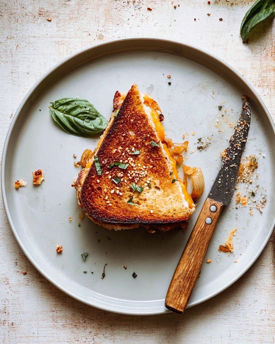 A toasted sandwich cut into a triangle sits slightly off-center on a large white plate with a few green basil leaves scattered around it. The sandwich's top layer is golden-brown with sesame seeds and small green herbs sprinkled on it, showing a crispy texture. Inside, layers of melted orange cheese and cooked onions peek out. Next to the sandwich is a knife with a wooden handle, resting on the plate. Small bits of food and seasoning are scattered around, and the plate is placed on a white marbled wooden surface. photo taken with an iphone --ar 4:5 --v 7