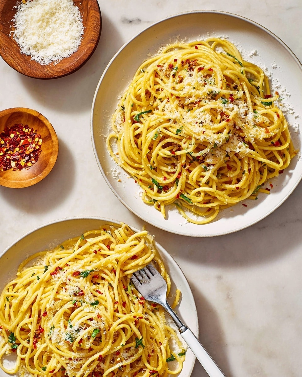 Two white plates hold piles of yellow spaghetti noodles tossed with red chili flakes and green herbs, topped with a light dusting of grated white cheese. Each plate has a silver fork with a white handle resting on the edge with some noodles twirled around the fork. Nearby, a small wooden bowl contains more grated white cheese, and a smaller white bowl holds extra red chili flakes. All of these are placed on a white marbled surface. The lighting is bright and warm, highlighting the textures and colors of the pasta and toppings, photo taken with an iphone --ar 4:5 --v 7