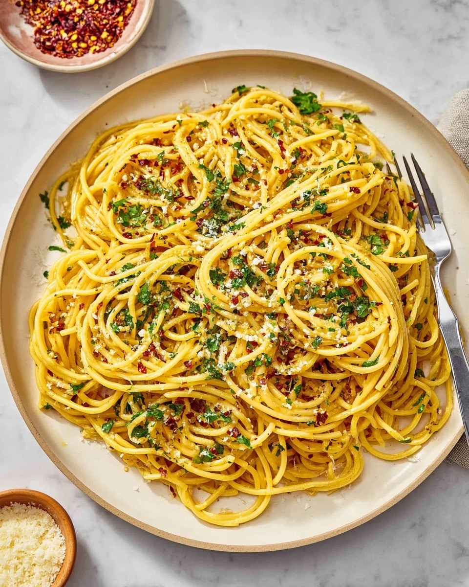 A large round white plate holds a single layer of cooked spaghetti noodles that are golden yellow and twisted in loose piles across the plate. The pasta is sprinkled with chopped green herbs, likely parsley, and small red flakes of chili pepper, adding color and texture. There are also small white grated bits, possibly cheese, scattered evenly over the top. The plate is set on a white marbled surface, with two small dishes nearby: one with red chili flakes and the other with grated cheese. A silver fork rests near the plate at the upper right. Photo taken with an iphone --ar 4:5 --v 7