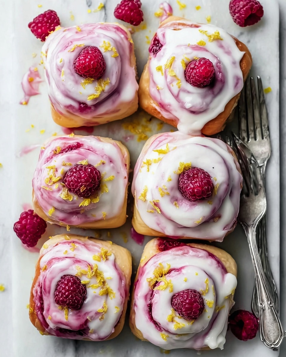 Six square cinnamon rolls are placed closely on a white marbled tray, each topped with a thick, creamy white icing swirled with pink raspberry sauce. On the top center of each roll, there are three fresh raspberries, deep red and slightly shiny. Bright yellow crumb-like sprinkles are scattered over the icing and around the tray, adding a pop of color. A vintage silver fork lies on the right side of the tray near the top, and a few loose raspberries are scattered around the rolls. The white marbled background adds a clean, bright feel to the image. Photo taken with an iphone --ar 4:5 --v 7