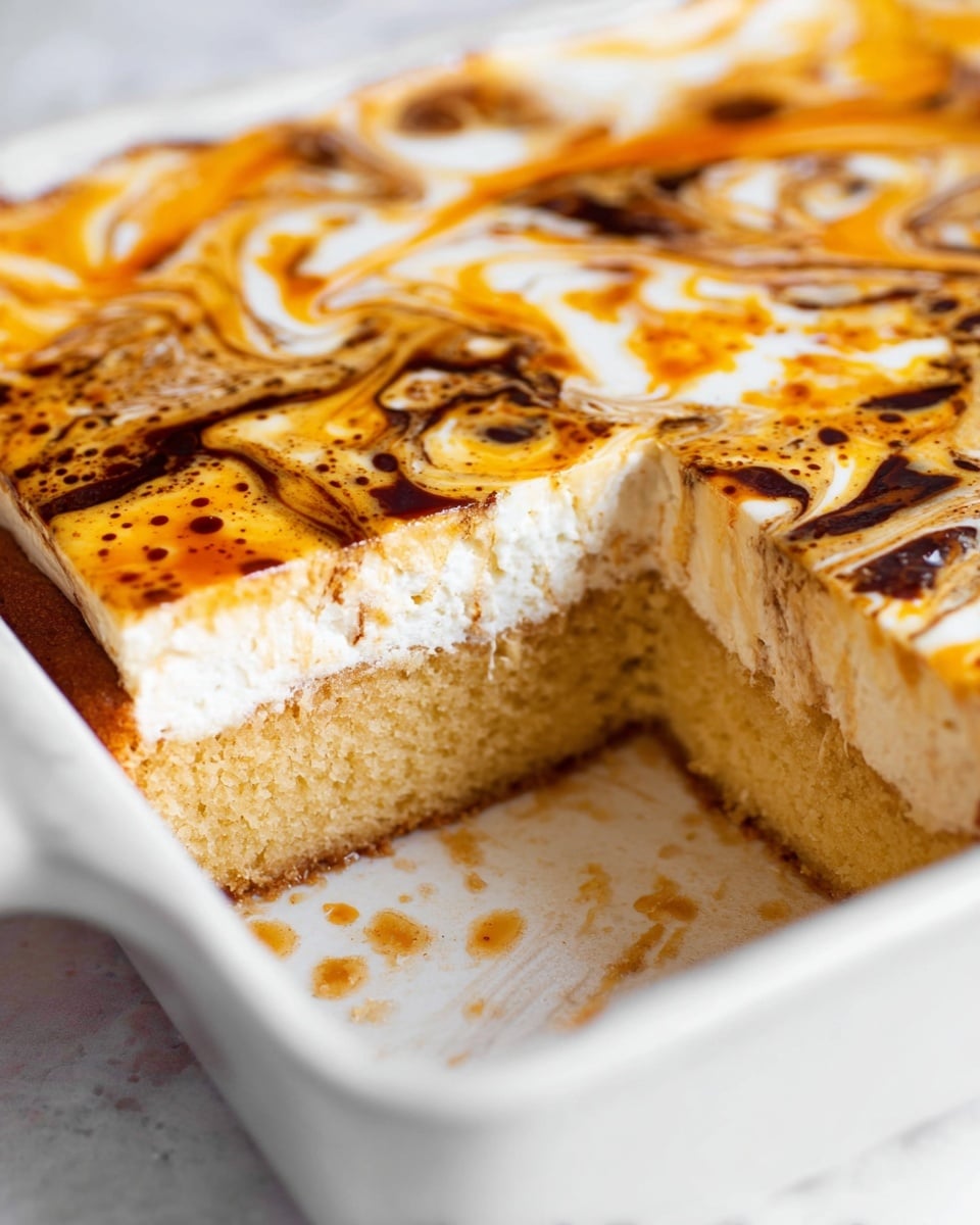 A close-up of a rectangular cake in a white baking dish with one square piece removed, showing three layers: a bottom light brown soaked cake layer with visible moisture, a middle soft, dense golden cake layer, and a thick white creamy top layer swirled with bright orange and dark brown sauce, creating a marbled effect. The white marbled surface underneath faintly reflects the colors from the cake dish. Photo taken with an iphone --ar 4:5 --v 7