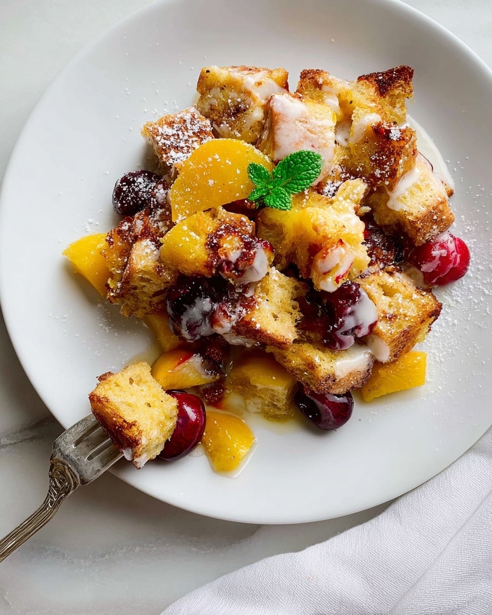 The image shows a white plate with a stack of golden brown, toasted bread pieces mixed with yellow peach slices and dark red cherries. The top of the dish is drizzled with a white glaze and dusted lightly with powdered sugar. Near the side of the plate, there is a small green mint leaf for garnish. A silver fork holds a small bite of the bread, peach, and cherry mix, positioned near the bottom of the plate. The plate rests on a white marble surface, and a white cloth is partially visible at the bottom edge. photo taken with an iphone --ar 4:5 --v 7