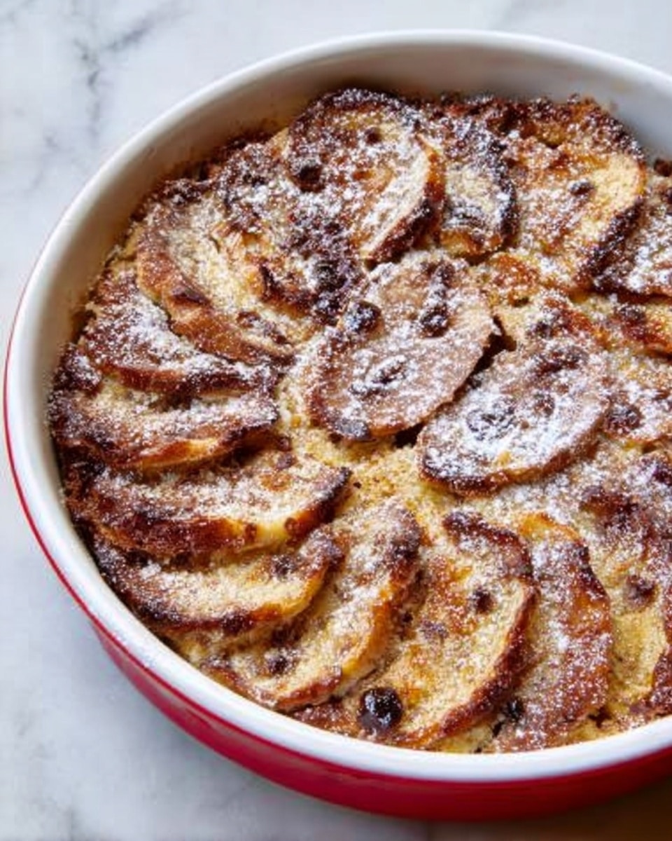 The image shows a round white plate with a red rim filled with a baked dish. The dish has many overlapping brown slices arranged in a circular pattern, covering the entire plate. The surface has a light dusting of powdered sugar, adding a soft white texture on top. The baked slices have a slightly crispy, golden-brown look with some darker spots, indicating caramelized edges. The plate is set on a white marbled surface. photo taken with an iphone --ar 4:5 --v 7