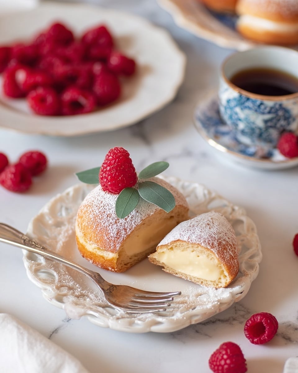 The image shows a small white ornamental plate holding two small cream-filled pastries dusted with powdered sugar. One pastry is whole with a bright red raspberry and two green leaves on top, while the other is sliced in half, showing a smooth pale yellow cream inside. A small silver fork rests next to the sliced pastry on the plate. In the background, there is a white plate with several red raspberries and a small cup with a blue and white pattern filled with a dark liquid. The scene is set on a white marbled surface with some loose raspberries scattered around. Photo taken with an iphone --ar 4:5 --v 7