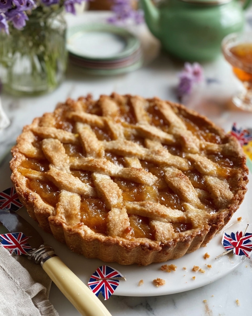 A round pie with a golden brown lattice crust sits slightly off-center on a white plate with a blue rim, one slice pulled out and resting on top showing a darker, textured filling inside. The pie crust has a twisted pattern on each lattice strip and crimped edges. A knife with a wooden handle lies diagonally on the plate, touching the pie. In the background, a light green teapot and matching cup filled with light brown tea are placed on a white marbled surface, surrounded by vintage newspapers, ration books, and small British flags. A silver spoon rests on the cup’s saucer, and a small white milk jug is partially visible. The photo taken with an iphone --ar 4:5 --v 7