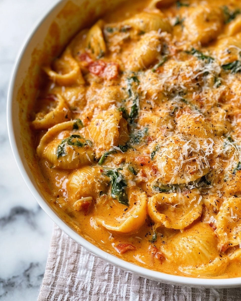 A close-up of a creamy orange pasta dish in a white bowl on a white marbled surface with a checkered cloth beneath. The dish has two main layers: the bottom layer is pasta shells covered in a rich, smooth, orange sauce with visible red tomato pieces and green spinach leaves mixed throughout. The top layer is a thick piece of creamy sauce with grated cheese sprinkled over it and cracks of black pepper on the surface, giving a textured look. The colors are warm oranges, reds, and greens with a creamy, slightly shiny texture. Photo taken with an iphone --ar 4:5 --v 7