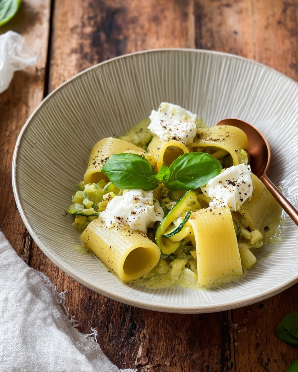 The dish is presented in a white bowl with vertical ridges and contains three large tubular pasta pieces that are pale yellow and smooth in texture. Inside and around the pasta, there is a creamy light green sauce mixed with small pieces of zucchini, giving a slightly chunky texture. On top of the pasta, there are dollops of white soft cheese, sprinkled with coarse black pepper. Bright green fresh basil leaves are placed on the pasta, adding a fresh contrast in color. A copper spoon rests on the right side inside the bowl. The bowl sits on a rustic wooden surface, with part of a white cloth visible in the background. Photo taken with an iphone --ar 4:5 --v 7