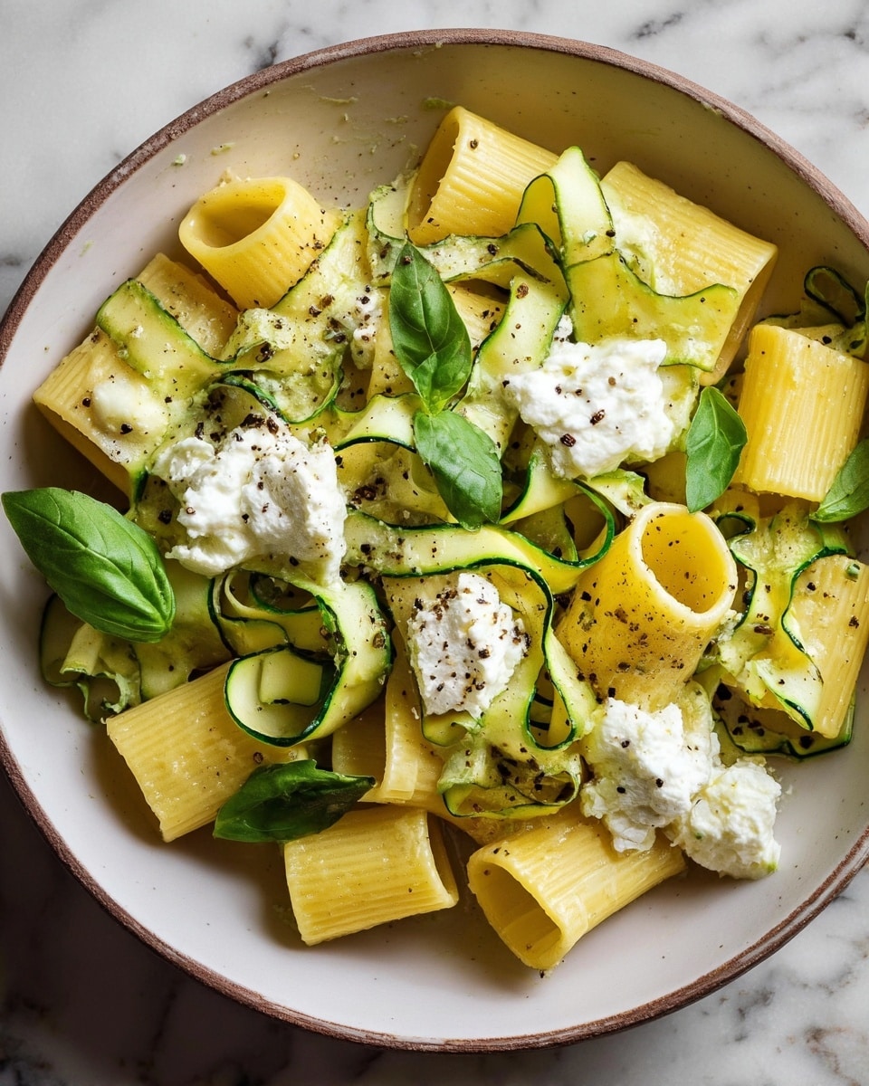 A white bowl filled with large tube-shaped yellow pasta pieces layered evenly. On top and between the pasta are thin slices of green zucchini mixed with small bright green basil leaves scattered around. Dollops of soft white cheese are placed on the pasta in different spots. The dish is sprinkled with coarse black pepper and a light drizzle of olive oil shows a slight shine on the ingredients. The background is a white marbled texture. Photo taken with an iphone --ar 4:5 --v 7