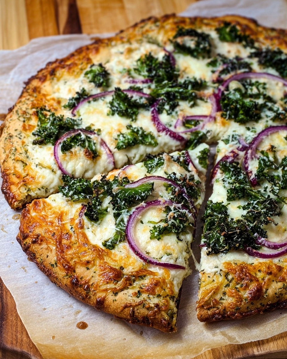 This is a thick crust pizza with a golden-brown baked edge sprinkled with herbs and melted cheese. The pizza has one main layer of creamy white melted cheese spread evenly across the dough, topped with scattered pieces of dark green kale and thin rings of purple red onions. The cheese shows some browning from baking, creating a textured look, and the pizza sits on a piece of parchment paper on a wooden surface. Photo taken with an iphone --ar 4:5 --v 7