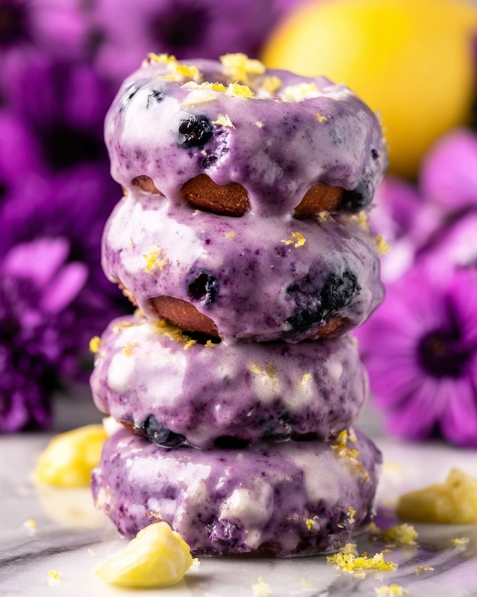 A stack of four thick purple donuts with a textured surface, each coated unevenly with a light lavender glaze that has small darker purple spots and a matte finish. The donuts are slightly rough, showing bits of blueberries inside. There are small yellow lemon pieces placed around the stack and a lemon zest sprinkled on top and the surrounding area. The background has bright purple flowers with a soft focus, and the base surface is white marble. Photo taken with an iphone --ar 4:5 --v 7