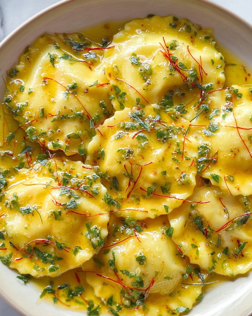The dish shows several round, yellow ravioli with crinkled edges spread out evenly. They are covered by a glossy sauce that looks golden and slightly oily, with small bits of green herbs sprinkled on top and thin red threads scattered over the ravioli. The overall texture looks soft and lightly shiny, hinting at a fresh homemade pasta with a rich sauce covering. The background is a white marbled surface. photo taken with an iphone --ar 4:5 --v 7