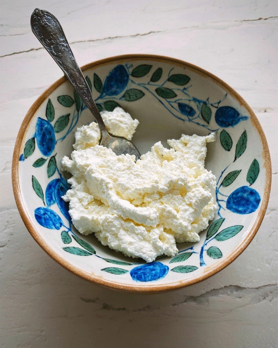 A bowl with blue and green leaf patterns holds a pile of soft, white curd cheese that looks light and slightly grainy in texture, with a silver spoon resting inside the cheese on the left side of the bowl, all set on a white marbled surface photo taken with an iphone --ar 4:5 --v 7