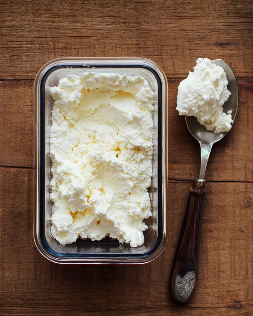 A clear rectangular glass container filled with a white, crumbly, and soft textured cheese inside, next to a silver spoon with a dark wooden handle holding a scoop of the same cheese, all placed on a wooden surface. Photo taken with an iphone --ar 4:5 --v 7